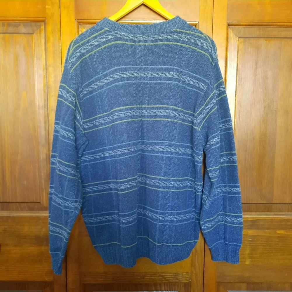 Vintage Haggar Cotton Blend Blue Green Cosby Grandpa Style Knit Sweater Size L